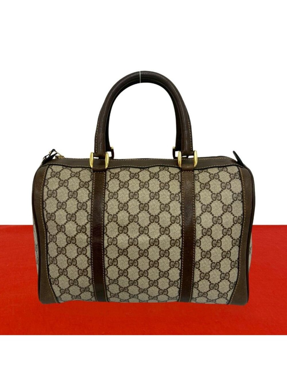 Gucci Vintage GG Pattern Leather Mini Boston Bag Tote Brown
